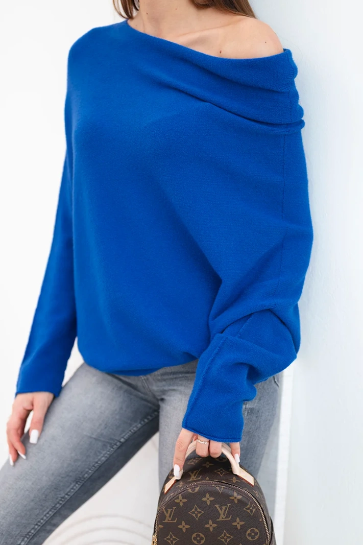 Sweter damski wiskozowy asymetryczny typu nietoperz chabrowy