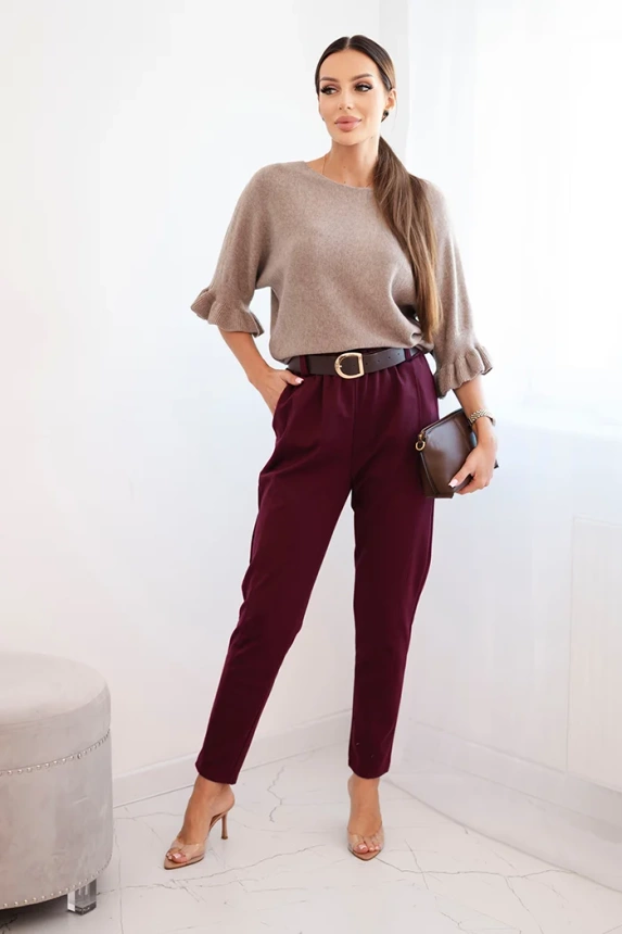 Damenhose aus Viskose mit Gürtel und schmalem Bein bordeaux