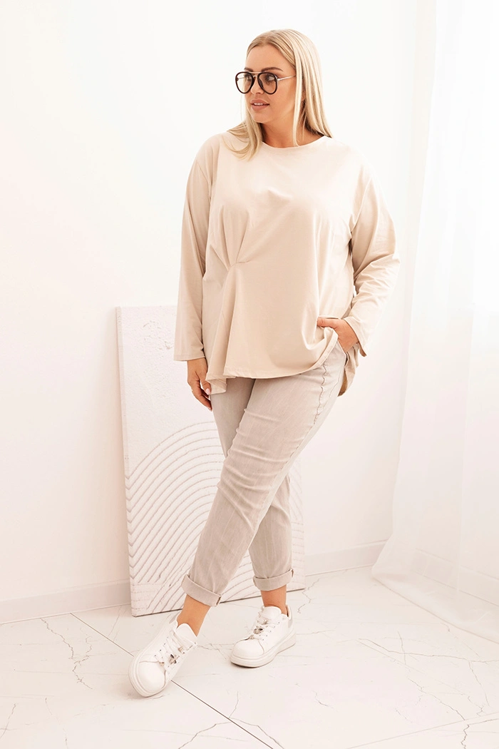 Bluzka damska plus size z bawełną z długim rękawem i marszczeniem beżowa
