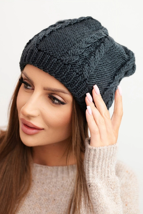 Women's winter wool hat with cable knit K452 graphite