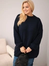 Moteriškas megztinis Plus Size laisvo kirpimo su ilgomis rankovėmis tamsiai mėlynas