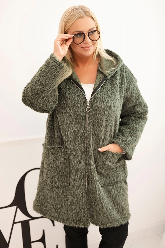 Moteriškas Plus Size paltas iš viskozės su užtrauktuku ir gobtuvu khaki