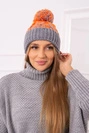 Dámska čiapka s pomponom Abigail K326 sivá+oranžová neónová