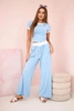 Geripptes Set Bluse + Hose mit weitem Bein blau