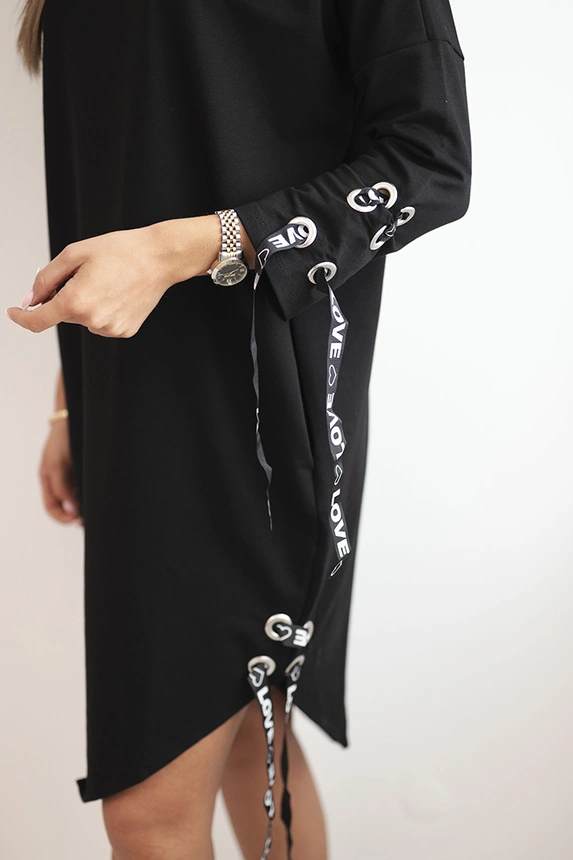 Asymmetrical women's dress with decorative ribbons and 3/4 sleeves, color