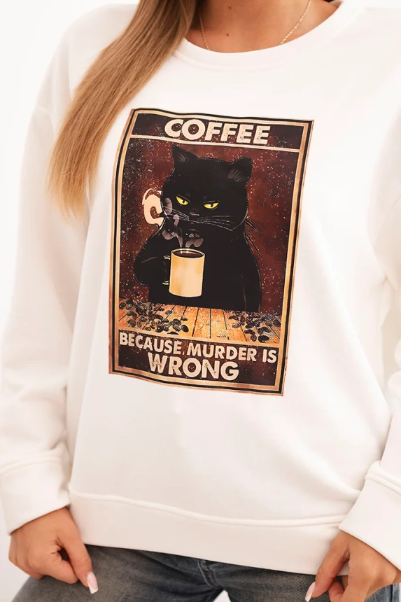 Women's cotton sweatshirt with a cat print and text ecru