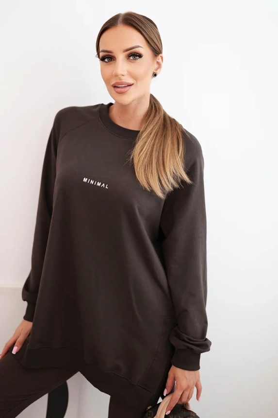 Women's cotton set sweatshirt and leggings with the inscription Minimal brown