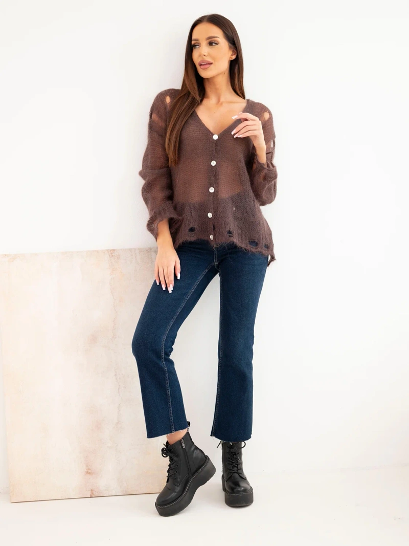 Women's sweater made of 70% kid mohair with buttons with a distressed effect brown