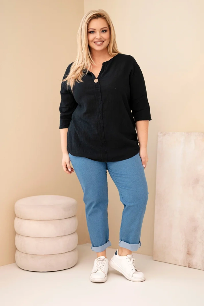 Plus-size women's cotton blouse with a button-front neckline black
