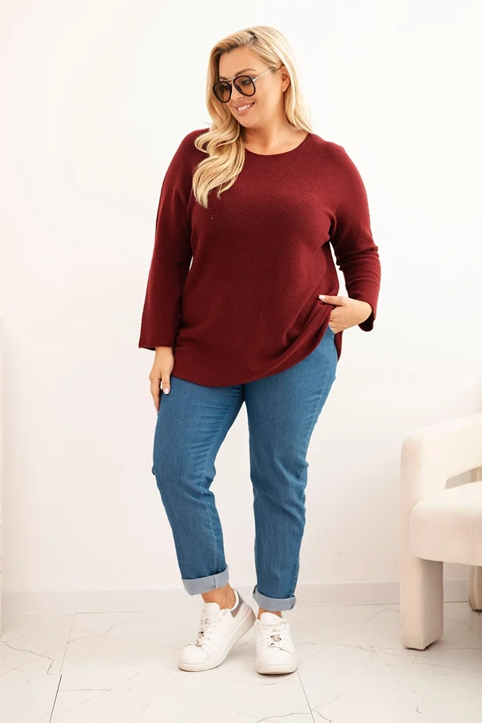 Plus size women's sweater with a boat neckline burgundy