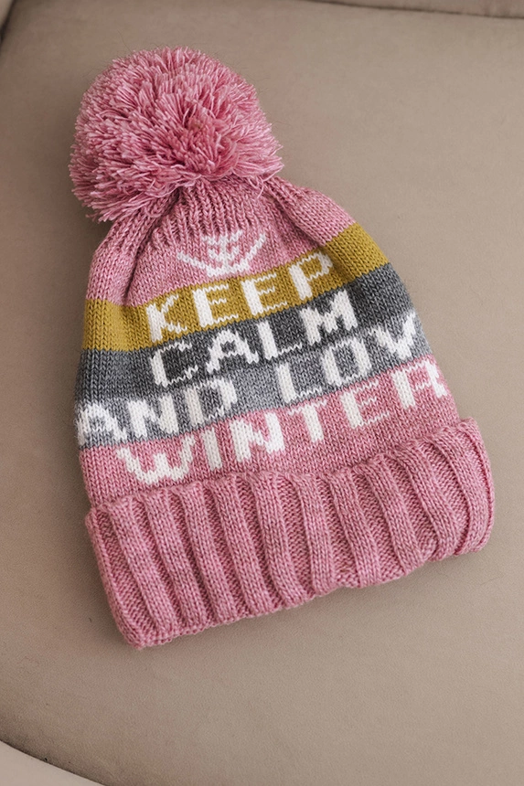Women's winter hat with wool and a writing with a large pompom K422 dark powder pink