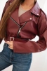 Women's short jacket made of eco-leather with a belt and collar burgundy