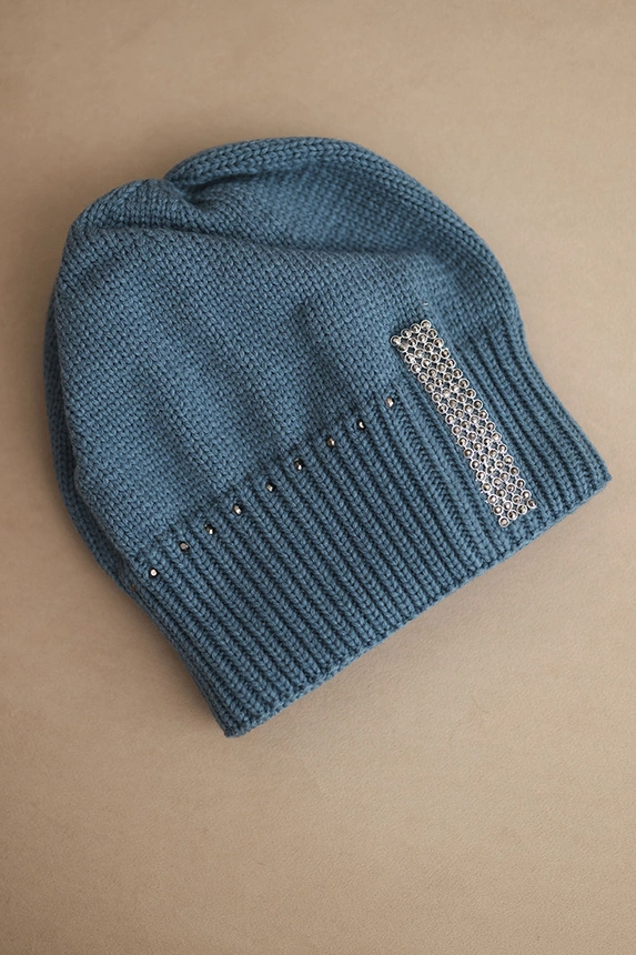 Damen Wintermütze aus Wolle mit Zirkonia K453 jeansblau
