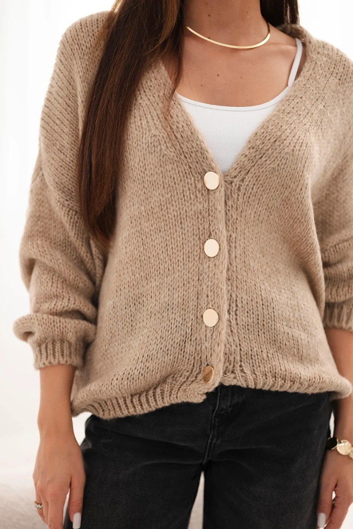 Women's sweater with a V-neck and buttons camel