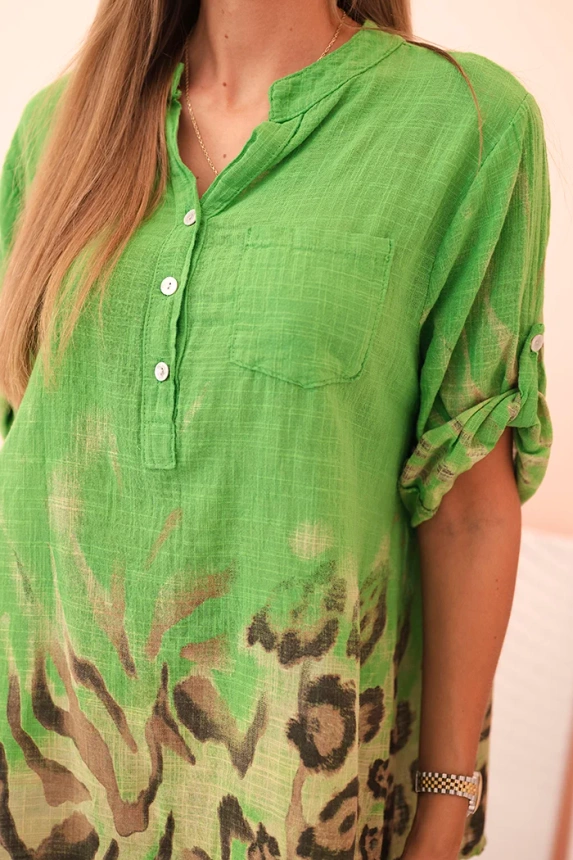 Women's cotton shirt with rolled-up sleeves and animal pattern green