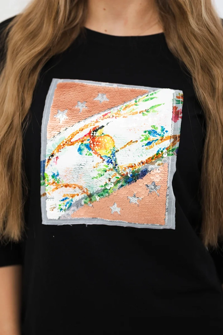 Bluse mit 3D Vogel Grafik schwarz