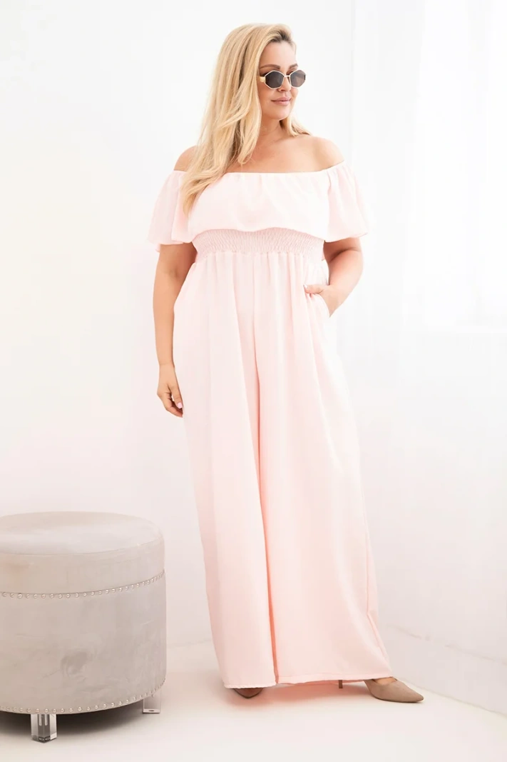Plus Size women's jumpsuit with ruffle and short sleeves powder pink