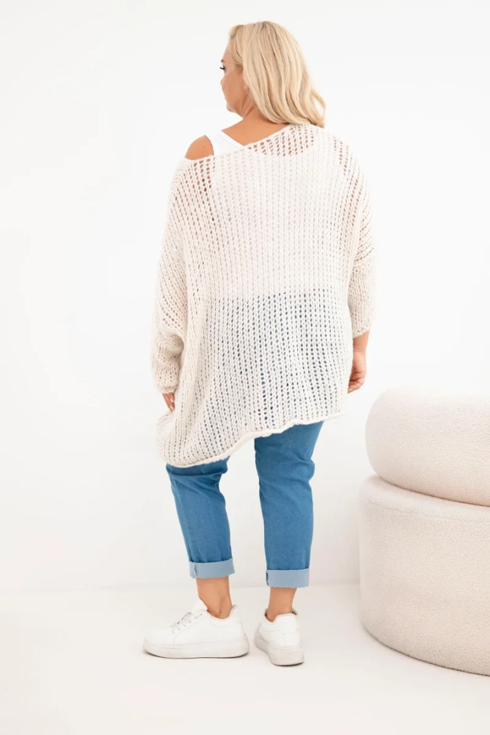 Damen Oversize Lochstrickpullover mit V-Ausschnitt und längerem Rücken beige