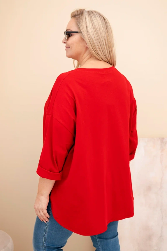 Women's Plus Size blouse with cotton, pocket, and rolled-up sleeve red