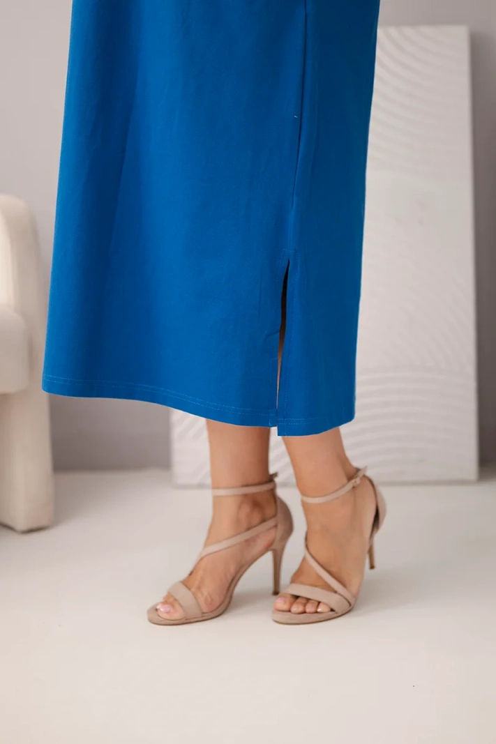 Moteriška Plus Size medvilninė suknelė su V formos iškirpte rugiagėlių mėlyna