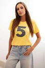 Women's cotton blouse with short sleeves and a patch with pearls yellow