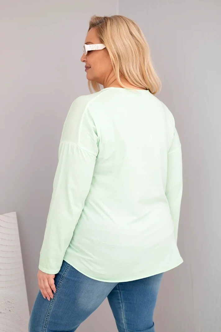 Women's Plus Size distressed blouse with a V-neck and longer back mint green