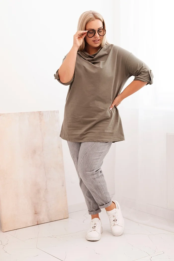 Women's Plus Size blouse with loose fit and water neckline khaki