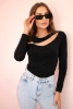 Women's bodysuit blouse with ruffles and decorative buckle black 