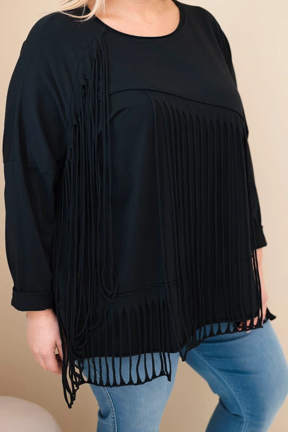 Damenbluse aus Baumwolle Plus Size mit Fransen schwarz