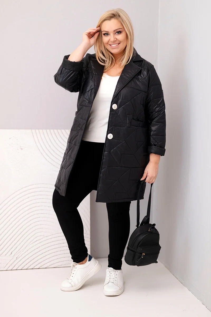 Kurtka damska Plus Size pikowana z ozdobnymi guzikami i kołnierzem czarna
