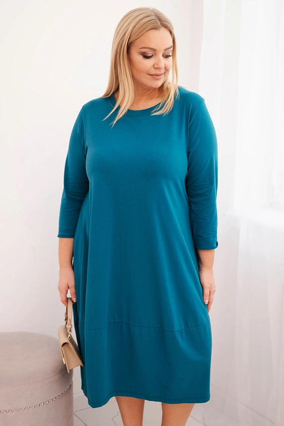 Moteriška medvilninė suknelė Plus Size su rankovėmis, kurie gali būti pasukti ir kišenėmis žalia