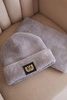 Women's fleece set with a hat and a scarf featuring a decorative patch gray