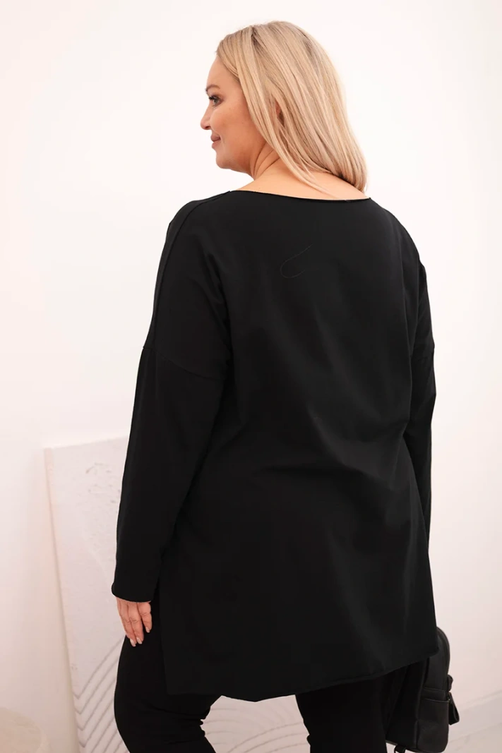 Asymmetrical Plus Size women's blouse with long sleeves black