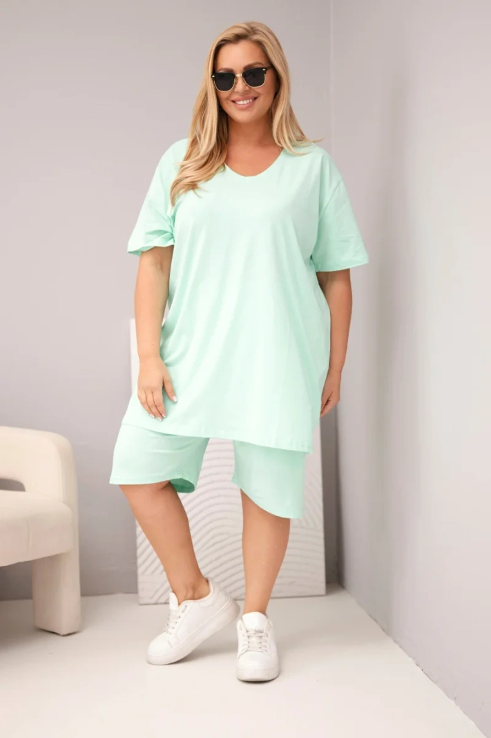 Women's Plus Size cotton set with blouse and shorts mint